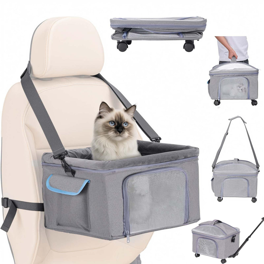 4-in-1 Cat Car Seat and Cat Carrier with Removable Wheels Booster Car Seats for Small Dogs Cats Comes with Shoulder Strap Clip-On Safety Leash and Thickened Pads Pet Travel Carrier Bed up to 15lbs